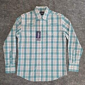 NWT Wrangler Shirt Mens M Green White Plaid Classic Fit Long Sleeve Pearl Snap